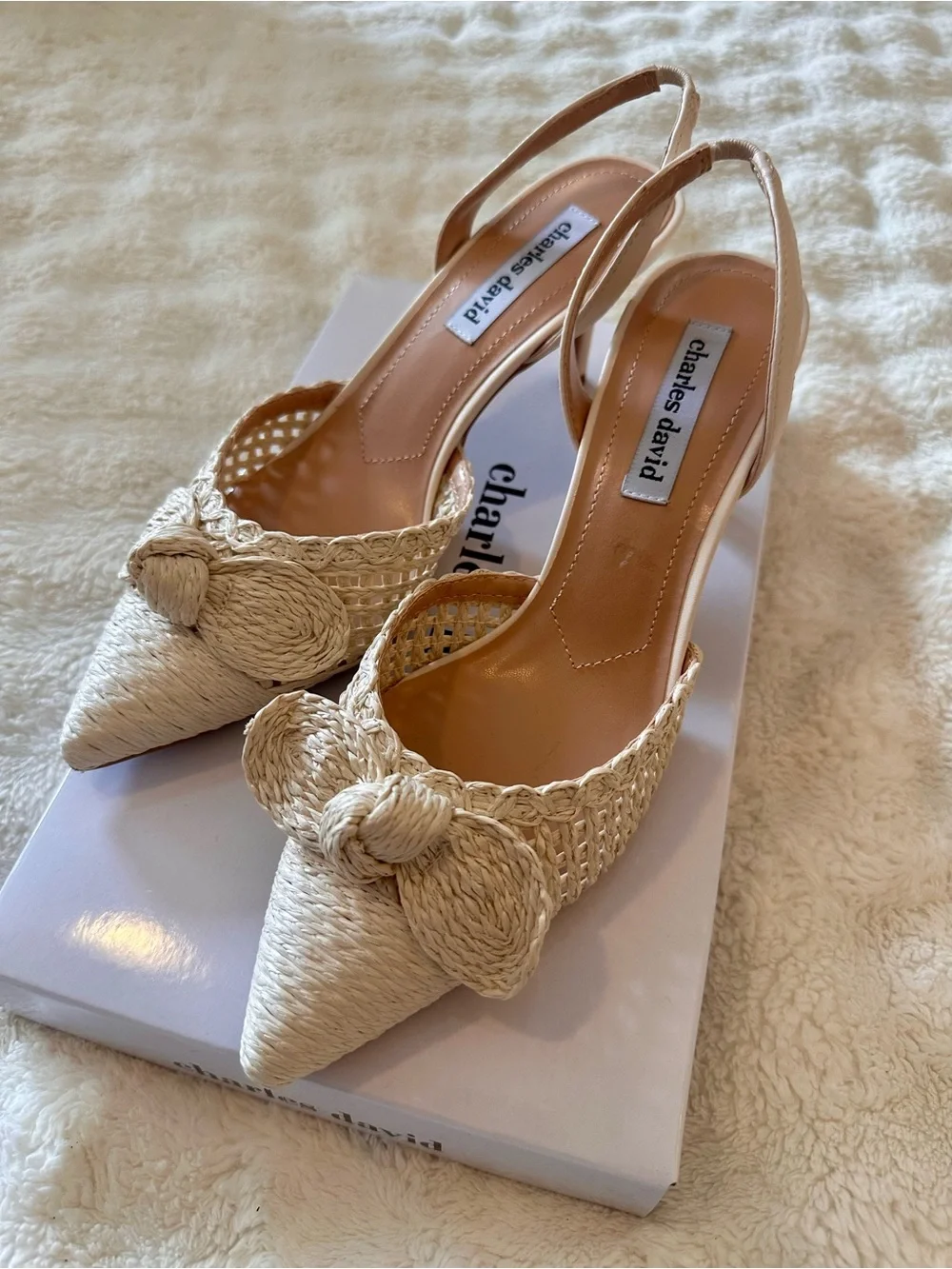 Charles David Natural Raffia Bow Slingback Pumps